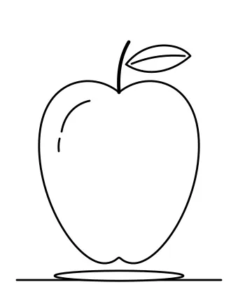 Line drawing of a large apple with a stem, a single leaf and a shine mark, sitting on a table