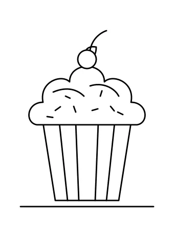 Line drawing of a cupcake in a striped wrapper with swirly frosting, sprinkles and a cherry on top